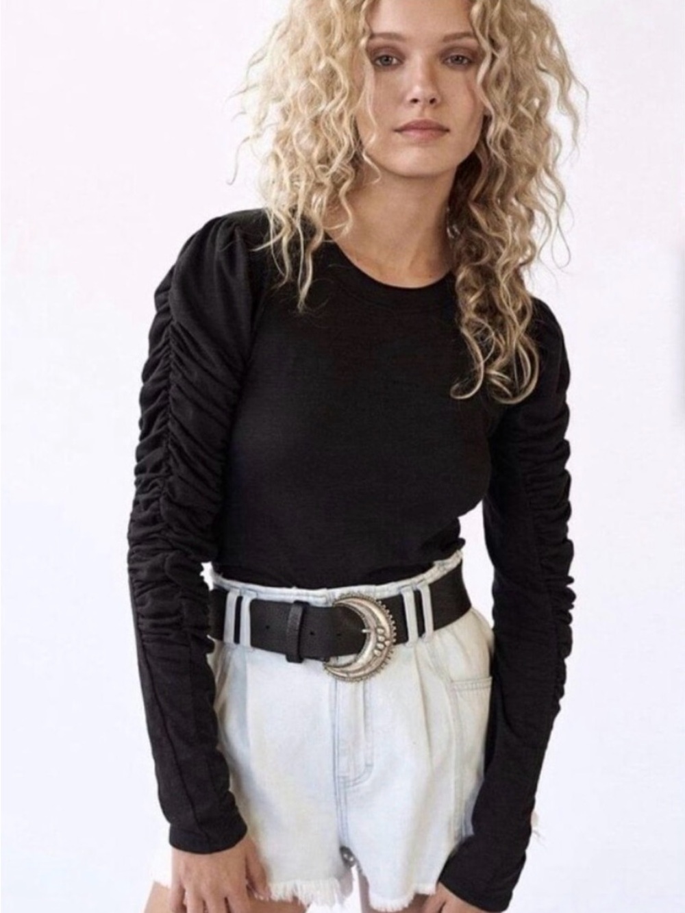 We The Free Free People Natascha Black Ruched Sleeve Puff Tee - Size Small